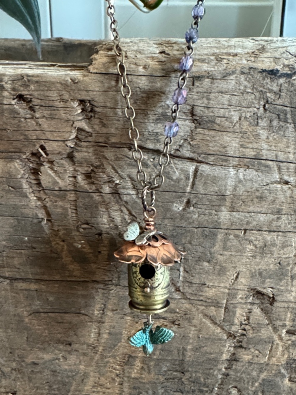 Hand Crafted 45 Birdhouse Pendant Necklace with Iridescent Bead Chain